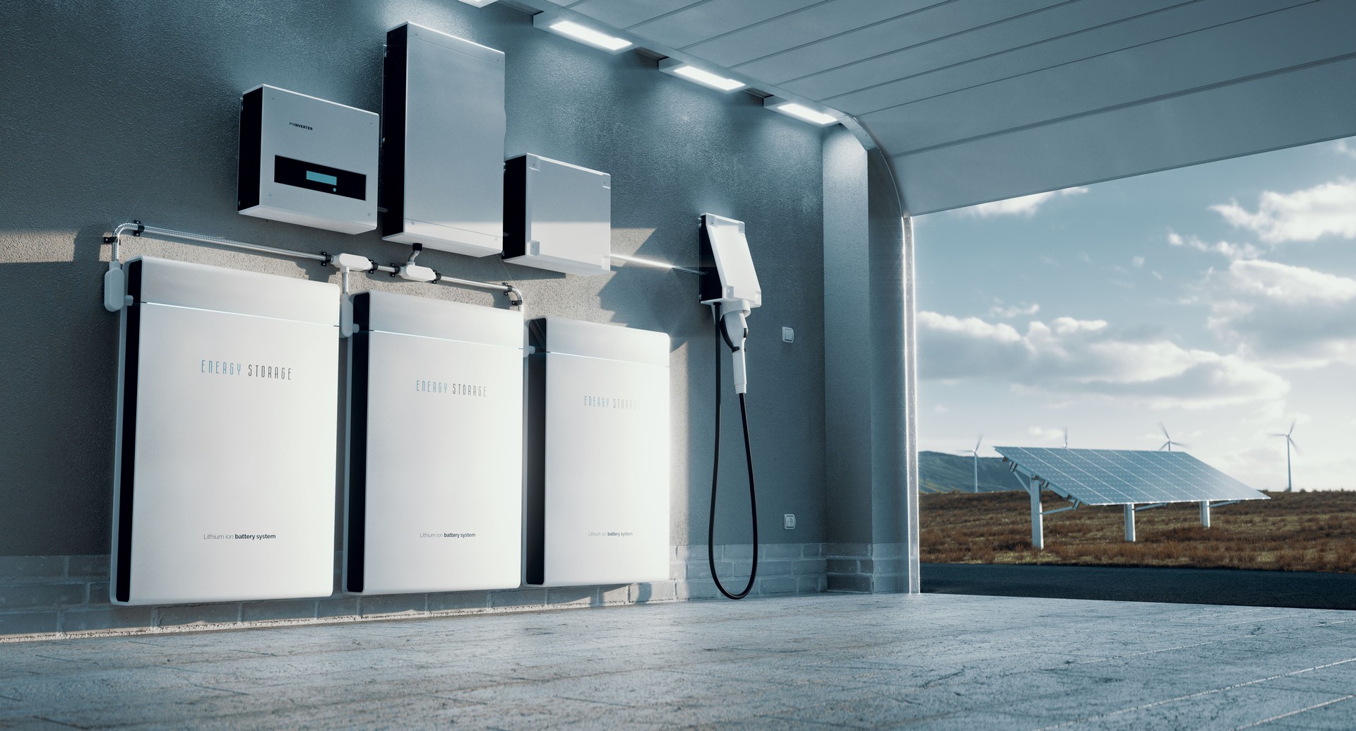 Concept of a home energy storage system based on a lithium ion battery pack situated in a modern garage with  view on a vast landscape with solar power plant and wind turbine farm. 3d rendering.